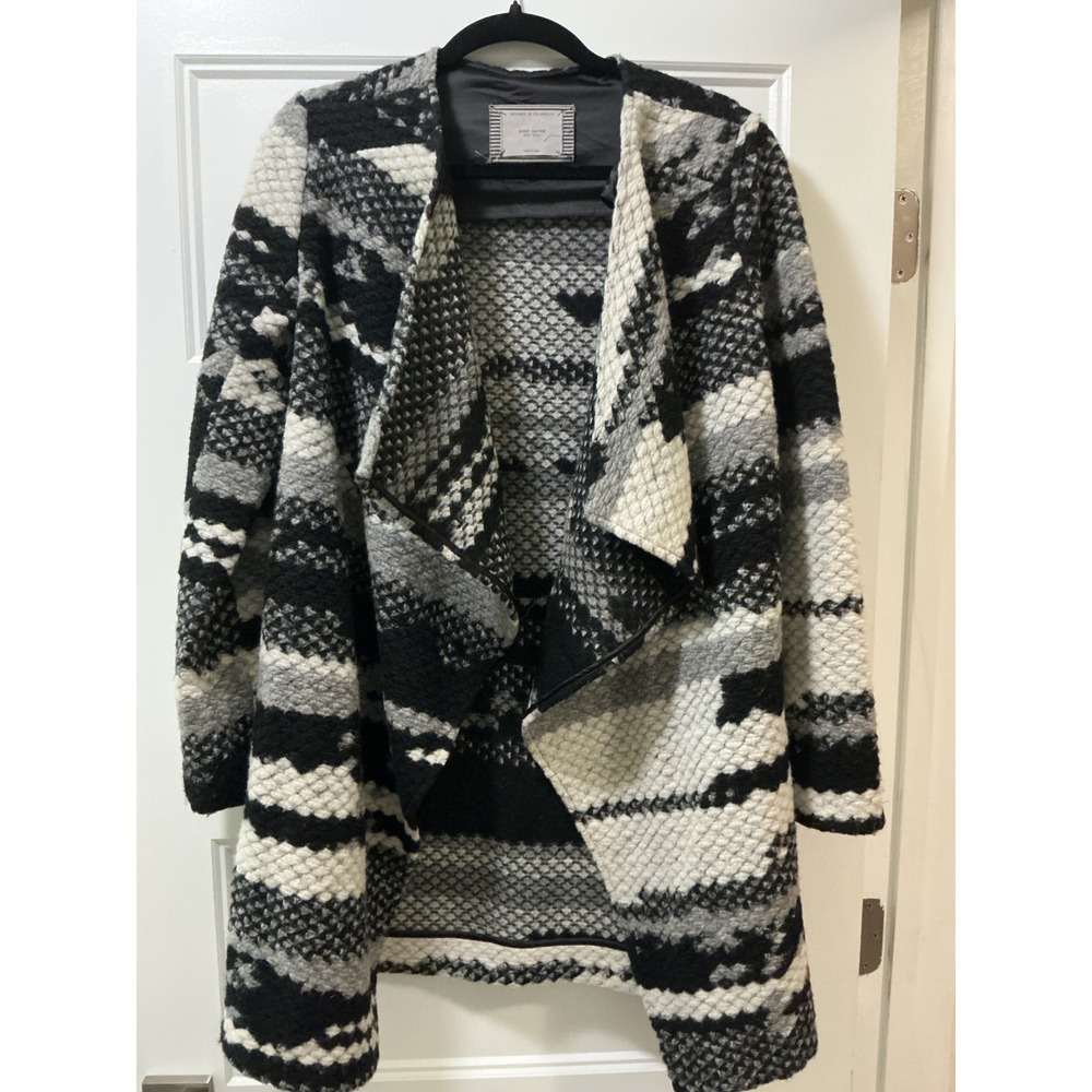 Guest Editor Black Grey White Geometric Knit Open Front Waterfall Cardigan Coat